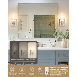 Emak Modern Wall Lights, Brushed Nickel Sconces with Clear Glass Shade, 2 Light Bathroom Vanity Light for Bathroom, Mirror, Living Room, Bedroom, Gallery, WS086-BN-CG-2PK