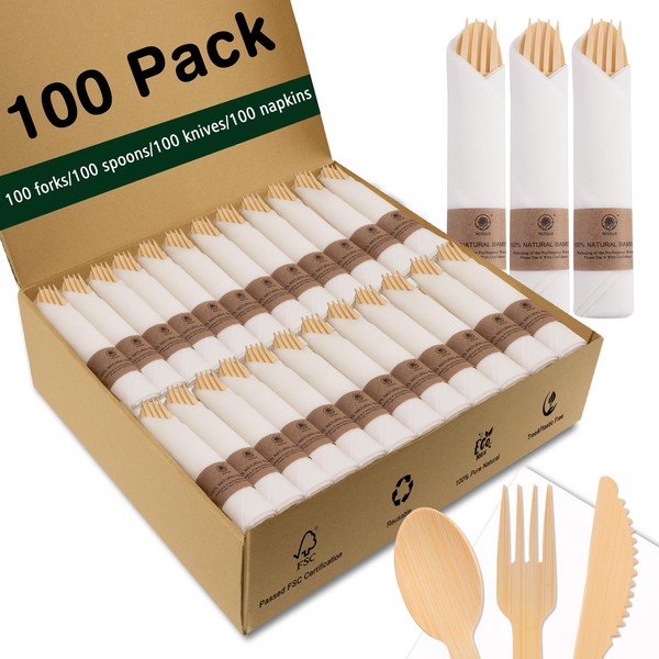 Bamboo Compostable Cutlery Set 100 Pack - Biodegradable Utensils with