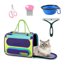 Pet Travel Carrier by Airplane Approved Under seat, TSA Airline Approved Cat Carrier, with Flea Comb, De-Shedder, Feeding Bowl, Double Holes Cat Nail Clippers, Purple
