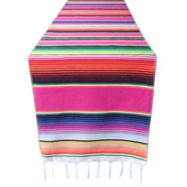4 Packs Mexican Serape Table Runners for Mexican Theme Party, Cinco de Mayo Fiesta Party, Day of Death Decorations, Falsa Classic Striped Fringe Pattern Cotton Blanket, Pink and Blue,14x84 inches