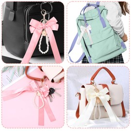 WJIAAA Keychain Pearl Wristlet, 2pcs Coquette Keychains Bowknot Key Chain Ring Cute Bag Charms Handbags Purse Accessories(Pink,Beige)