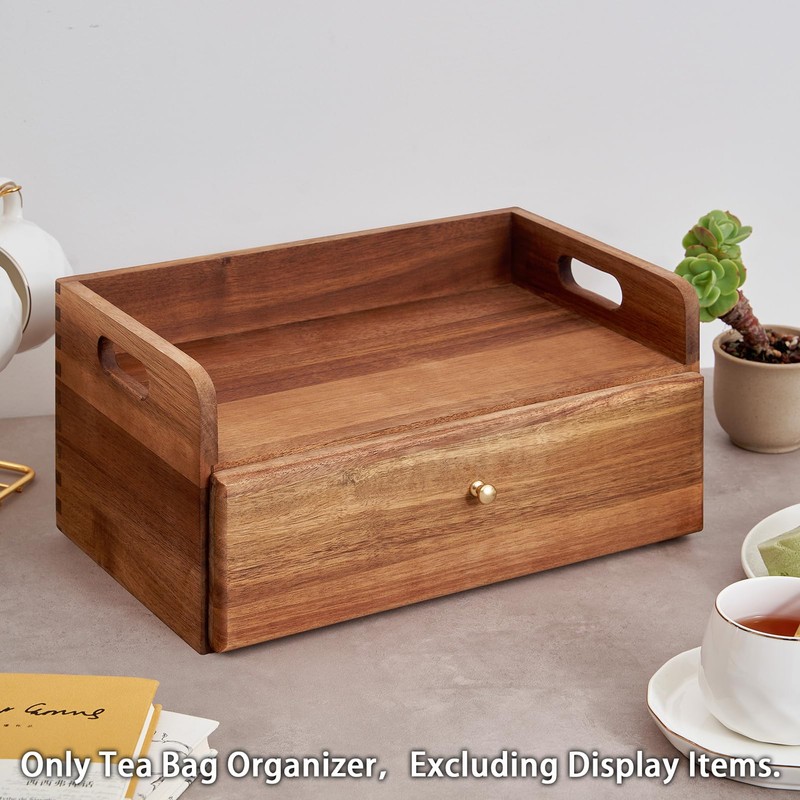 SARUFO Acacia Wood Tea Bag Organizer with Drawer - Tea