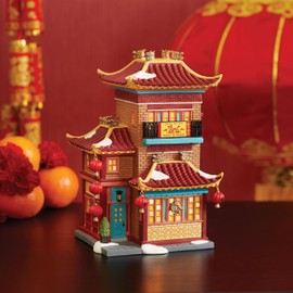 Department 56 Christmas in the City Village Collection Lunar New Year Dragon Tea House Lit Building- Hand Crafted Resin Buildings Lunar Dragon Figurine Village Houses with Lights Home Decor, 7.64 Inch