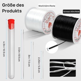 2 Spule Gummiband für Armbänder, Suofuolef 120m x 0,8mm Elastisches Band für Armbänder mit Perlennadel und Schere für Schmuckherstellung, Halskette, DIY Basteln，Schwarz + Weiß
