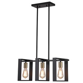 9MMML 3 Lights Kitchen Island Lighting, Modern Rectangle Linear Pendant Light, Black Frame+ Gold Socket Chandelier for Dining &Living Room Foyer Entryway Hallway,E26,Height Adjustable.