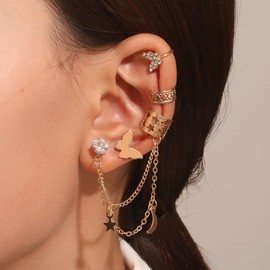 GIGB PBDK 4Pcs Ear Cuff Earrings Set for Teens,14K Gold Non Piercing Crystal Butterfly Star Moon Stuff Ear Cuffs Clip On Earrings Dainty Cartilage Jewelry Gifts (G)