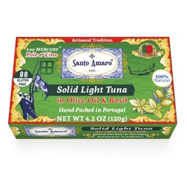 SANTO AMARO Artisanal Wild Tuna in Olive Oil & Basil (3 Pack, 120g Each) Venice Style! Natural - GMO FREE - Low Mercury - Pole & Line Caught Skipjack Light Tuna - Solid Pack â Hand Packed in PORTUGAL