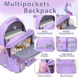 Alrisg School Backpack for Girls Kids Bookbag for Elementary Middle School Casual Travel Daypack Teen Backpacks Purple Set