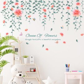 Peony Wall Decals – Reusable Floral Wall Stickers with Red & Pink Hanging Vines and Eucalyptus Leaves, Perfect Wall Decor for Wedding, Nursery, Bedroom, Living Room & Home Decoration