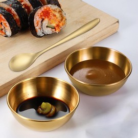 Eleanly Dipping Bowls Set of 3 Stainless Steel Golden Dip Bowls Serving Dishes Set Tapas Bowls with 3 Spoon for Dips Ingredients Appetizer Sauce Nibbles