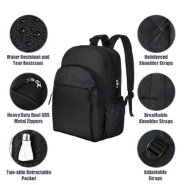 Classical Basic Black Backpack for School, Water Resistant Bookbag for Boys Girls, Travel Laptop Backpack, Work Backpack for Men, Backpack for College Students (Black)