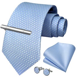 HISDERN Men's Wedding Ties and Pocket Square Tie Plaid Cufflink Tie Clip Set, Blue 2