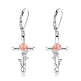 AXOMY Cross Earrings Sterling Silver Rose Flower Earrings Cross Dangle Earrings Jewelry Gifts for Women