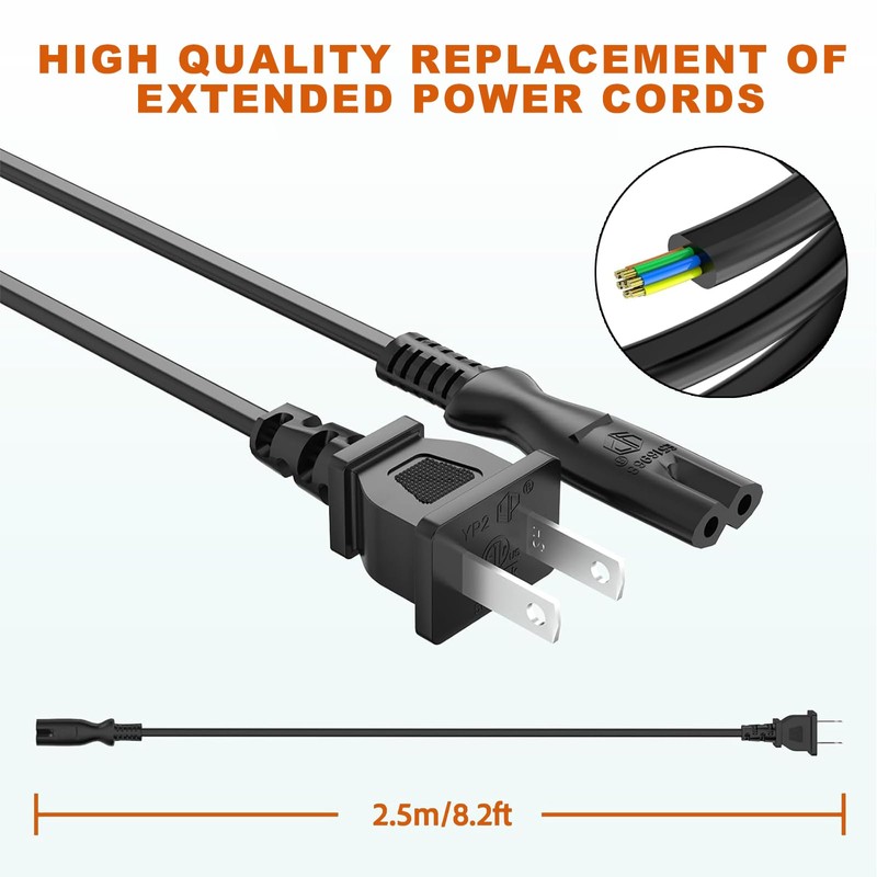 8.2FT 2 Prong AC Power Cord Cable for Under Desk