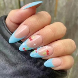 SINHOT French Tip Press on Nails Medium Almond Fake Nails Cute Cherry Acrylic Nails Glossy Glue on Nails Blue Stiletto Artificial Nails Stick on False Nails with Design 24 pcs