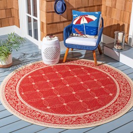 SAFAVIEH Courtyard Collection 5'3" Round Red / Natural CY1502 Indoor/ Outdoor Waterproof Easy-Cleaning Patio Backyard Mudroom Area-Rug