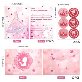 Meanju 12 x Birthday Invitation Cards for Girls, Princess Invitation Cards for Children's Birthday Girls with 12 Envelopes and 12 Stickers, Invitation Cards for Children's Birthday