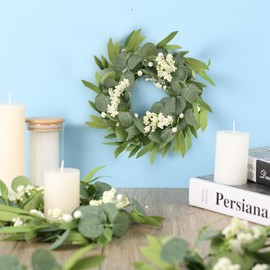 6 Pcs Green Artificial Eucalyptus Swag Wreaths Spring Summer Wreath with White Berries Mini Green Kitchen Cabinet Wreaths with Ribbon for Front Door Porch Wall Window Farmhouse Decoration
