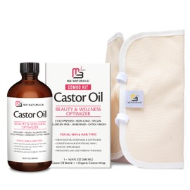 Pure Castor Oil Pack Kit, Large Hexane-Free Cold-Pressed in Glass Bottle with Adjustable Reusable Organic Cotton Wrap for Detox and Wellness (1 of Each) by M3 Naturals