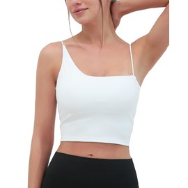 romansong - brasier deportivo de línea larga para mujer, sin espalda, con un hombro, con tiras acolchadas, para entrenamiento, sexy, espalda en U, bonito brasier de yoga, Blanco, S
