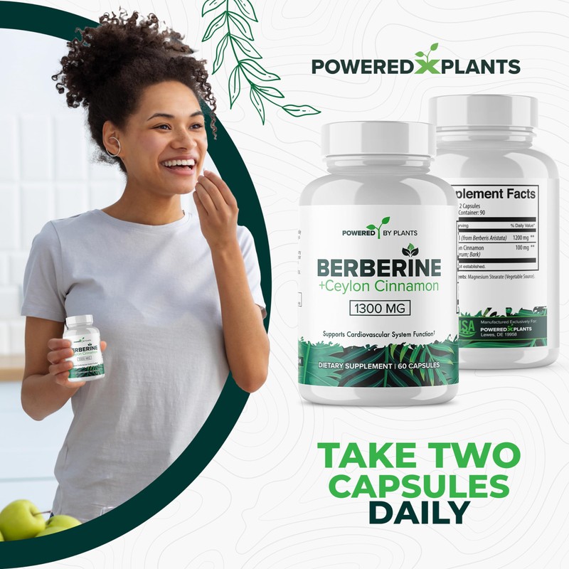 POWERED X PLANTS Pure Berberine Supplement - 1300mg Berberine with