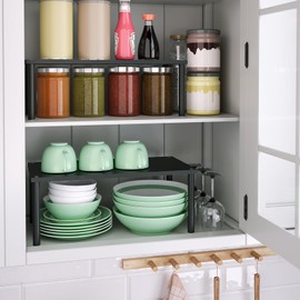 VERTORGAN Cabinet Organizer Shelf(Set of 2),Kitchen Counter Shelves,Bamboo Spice Rack Countertop and Cabinet,Stackable Expandable,Medium(Black)