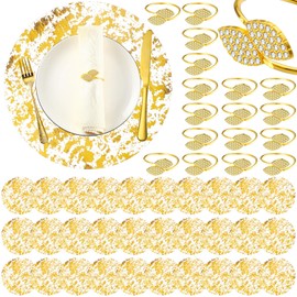 Gandeer 50 Pcs Gold Placemats and Napkin Rings Bulk 13 Inch Disposable Round Gold Placemats Metal Leaf Napkin Rings Sequin Doilies for Wedding Dining Table Kitchen Decoration