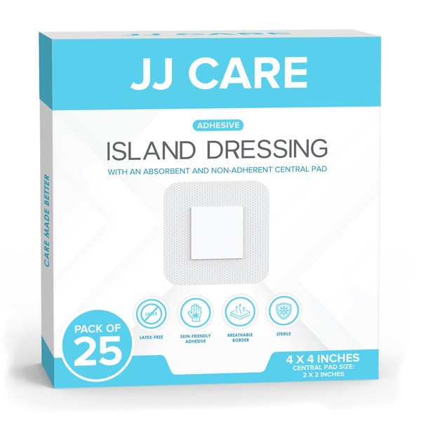 JJ CARE Adhesive Island Dressing [Pack of 25], 4x4 Sterile Bordered Gauze Dressing, Breathable, Individually Wrapped Island Wound Bandages with Highly Absorbent Non-Stick Center Pad