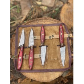 Handmade Damascus Steel Kitchen Steak Knife Set Of 4 Pieces With Leather Bag Overall 9''Inches Length of Steak Knives with Red Wood. 1046-ST-RD