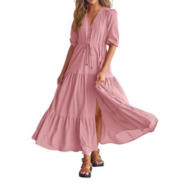BTFBM Women Summer Dresses Short Sleeve V Neck Maxi Dresses Boho Long Dresses Beach Holiday Dress(Solid Pink,Medium)