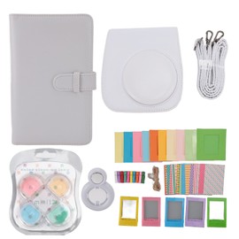 Instant Camera Protective Case with Photo Frames Album Shoulder Strap Selfie Mirror Filters Stickers PU Leather Camera Bag for Instax Mini12 Jasmine White