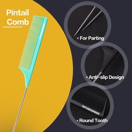 Goodofferplace 3 PCS Rat Tail Combs Parting Rattail Teasing Fine Tooth Comb with Metal Pick for Curly Hair,Detangling Parting Combs for Women,for Braiding,Styling Hair(Green)
