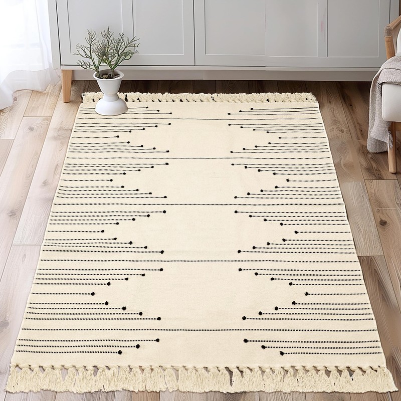 Tritard - Alfombra de algodón lavable con borlas, color beige