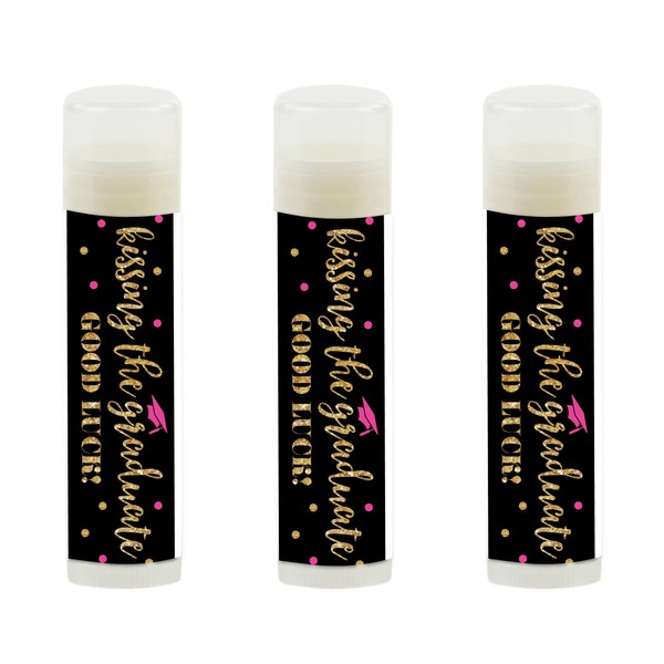Andaz Press Fuchsia, Black and Gold Glittering Graduation Party Collection, Lip Balm Favors Kissing The Graduate Good Luck!, 12-Pack