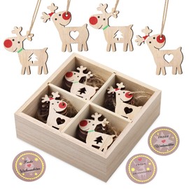 Kohmui Wooden Christmas Decoration Pendant, Christmas Decoration Deer Figurine with Red Nose, Reindeer Tree Decoration for Hanging, 24 Christmas Pendants with 18 Merry Christmas Stickers, Reusable Packaging