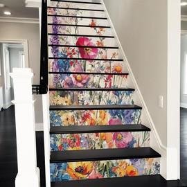 REDAMANCY Vintage Watercolor Colorful Flower Cluster Pink/Purple/Lavender Peel and Stick Vinyl Stair Riser Decals Staircase Tile Stickers Decor Modern Marble Decoration Self-Adhesive(14 Pcs)