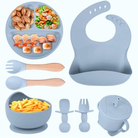 KKSMETIS Silicona Platos Para Bebe,8 Piezas Set de Alimentación para Bebé,Seguro y Fácil de Limpiar Libre de BPA,Apto para Microondas (Azul)