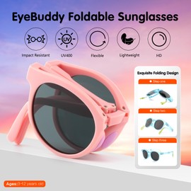 EYEBUDDY Kids Sunglasses-Boys Girls Sunglasses, Folding Polarized Sunglasses,100% UV Protection Sunglasses (D82016-pink)