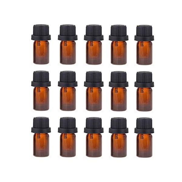 5ml Amber Glass Bottle For Essential Oil Refillable Vials with Euro Dropper Orifice Reducer Liquid Dispenser Travel Glass Bottle Glass Empty Cosmetic Jar Black Cap-15 Pack