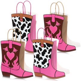 Mooliwe 16 pcs Western Cowboy Cowgirl Boots Gift Paper Bags with Cow Pattern Western Party Favor Bag Wild West Kraft Paper Bag Bachelor Party Theme Last Rodeo Party Supplies Cowboy Party Favors (Pink)