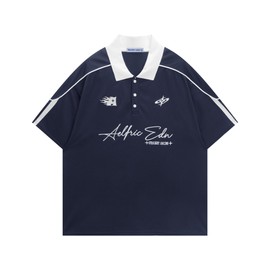 Aelfric Eden Mens Oversized Polo Tee Button Collar Vintage Letter Graphic Patchwork T Shirts Short Sleeve Summer Tops Navy Blue