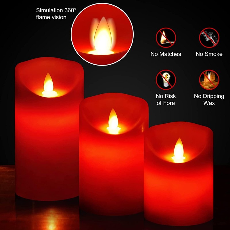 Nancia Flameless Battery Operated Flickering Candles:3PACK Red Real Wax Pillar