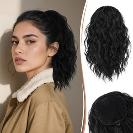 RUWISS Ponytail Extension - 14" Wavy Curly Drawstring Ponytail Hair Extensions Short Pony Tail Hair Piece Synthetic Hairpieces for Women (Black)
