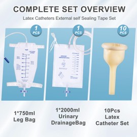 10Pcs Latex Catheter Set with 1 * Urinary Drainage Bag 2000ml & 1 * Leg Bag 750ml Day and Night Use, External Self Sealing Adhesive Strip Leak-Proof for Male (40mm)