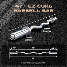 GarveeLife Olympic EZ Curl Barbell Bar, 47" EZ Curl Bar for Weight Lifting, Biceps, Triceps, Back/Leg Muscle Group Exercise,Chrome Curling Bar Fit 2” Standard Weights - 2 Spring Collars(500lb Weight Capacity)