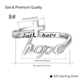 Hope Ring,Hope Cross Rings,S925 Sterling Silver Adjustable Faith Hope Love Wrap Inspiring Ring Faithful Christian Band Ring for Women