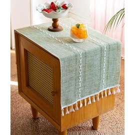 TheoZemica Bedside Tablecloth for Nightstand Tassel Table Covers Scarf End Tables Cloth Rectangle Dust Cover for Bed Side Table TV Microwave Washing Machine Refrigerator, 15.7×35.4 Inch Green