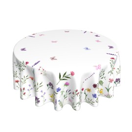 BYONEESS Spring Summer Floral Round Tablecloth 60 Inch Watercolor Flowers Floral Circle Table Cover Wildflower Butterfly Leaf Table Cloth for Farmhouse Kitchen Dinner Picnic Camping Party Outdoor