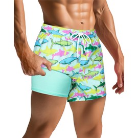 SURF CUZ Mens Swim Trunks with Compression Liner 2 in 1 Mens Swimming Trunks Quick Dry Swim Shorts Bathing Suit Zipper Pockets Green Sleeping Shark X-Large