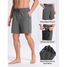 BALEAF 7 Inch Mens Swim Trunks with Compression Liner Quick Dry Bathing Suit Board Shorts with Zippered Pockets, Dark Gray, Medium